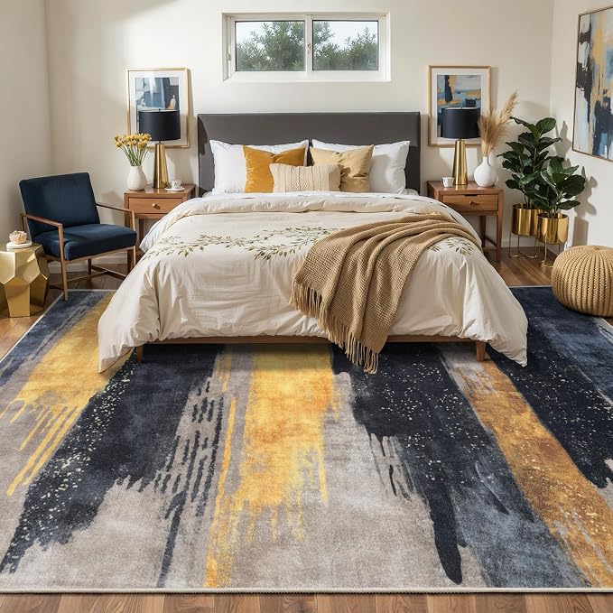 Ciicool Modern Abstract Black Gold Rug for Living Room, 8'x10' Machine Washable Area Rug Non-Slip Rug, Low-Pile Contemporary Indoor Dining Floor Carpet for Bedroom Office Under Table Home Decor