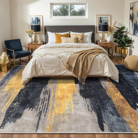 Ciicool Modern Abstract Black Gold Rug for Living Room, 9'x12' Machine Washable Area Rug Non-Slip Rug, Low-Pile Contemporary Indoor Dining Floor Carpet for Bedroom Office Under Table Home Decor
