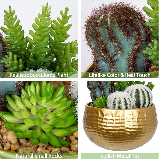 Oairse Artificial Cactus Plants Indoor, 7" Assorted Small Faux Succulent in Pots Fake Potted Desk Plant with Gold Bowl Mini Succulents Artificial Cactus Decor for Home Office Bathroom Table Shelf