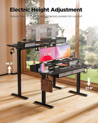 FiCiHi Electric Standing Desk with Four Drawers, 48 x 24 Inch Adjustable Height Sit Stand Desk, C-Clamp Compatible Home Office Desk with Storage Shelf &Monitor Stand Riser, Classical Black