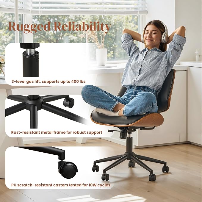 Home Office Desk Chair with Wheels, Adjustable Height Armless Desk Chairs, PU Leather Mid Back 360° Small Computer Chair for Study Meeting Makeup Room (Black)