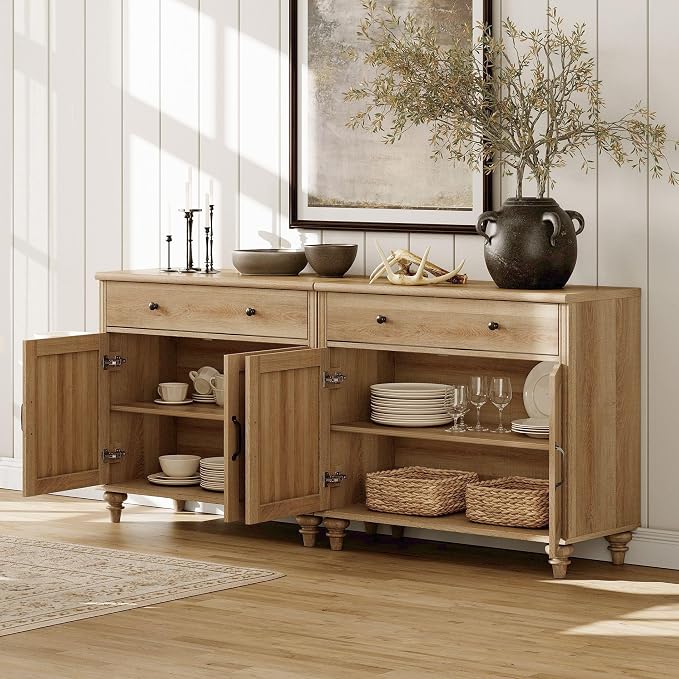 WAMPAT Home Office Furniture Set, 56'' Executive Desk with Charging Station, 2-in-1 Cabinet with 4 Doors and 2 Drawers, Wood Computer Desk with File Cabinet Storage, Open Shelf, Oak