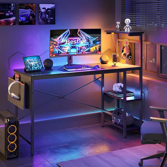 Bestier Gaming Desk with LED Lights, 51.3 Inch Computer Desk with 4 Tiers Reversible Shelves, Home Office Writing Desk with Side Storage Bag, Hooks and Height Adjustable Shelf (Black Grained)