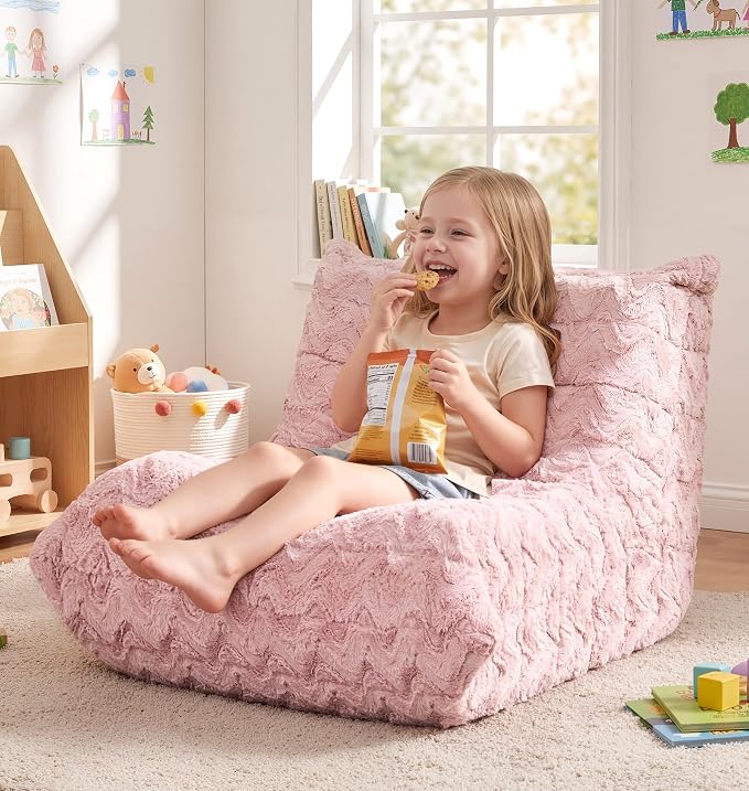 Hobestluk Small Bean Bag Chair Faux Fur Fabric BeanBag Couch for Playroom | Pink Chevron,Ergonomic Design,Memory Foam,Strong Supportive,No Assembly Required,Decorative Style for Living Room Bedroom