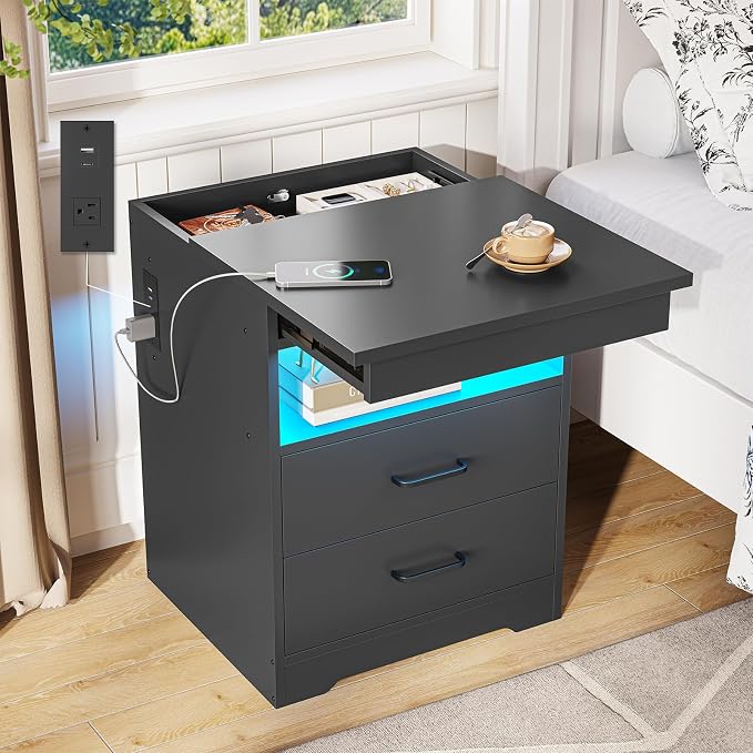 DICTAC Nightstand with Charging Station and LED Lights, Bedside Table with Lockable Sliding Desktop, Modern Night Stand with Storage Drawers and Open Shelf, End Side Table for Bedroom, Home Office