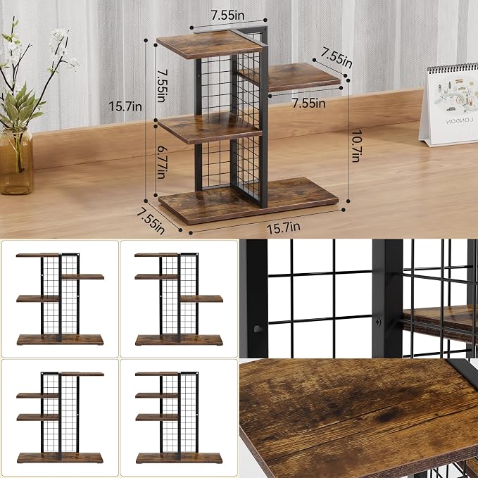 4 Tier Desk Shelf Organizer, Desk Shelf for Top of Desk,Adjustable Tabletop Bookshelf Wood Desktop Shelf for Home Office Dorm, Brown