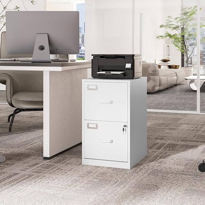 Fesbos 2 Drawers File Cabinet White Metal Vertical Filing Cabinets Metal Lockable Storage Cabinets with Lock for Home Office to Hanging Files
