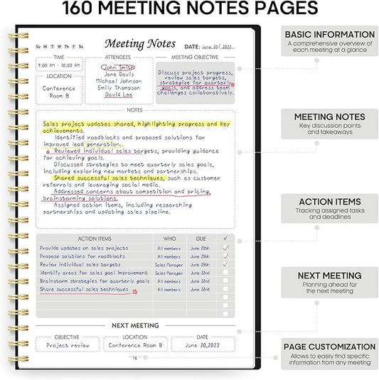 Meeting Notebook for Work Organization - Work Planner Notebook with Action Items, Agenda Planner for Note Taking, 160 Pages (6.9" X 9.9") Project Organizer for Men & Women - Black 1