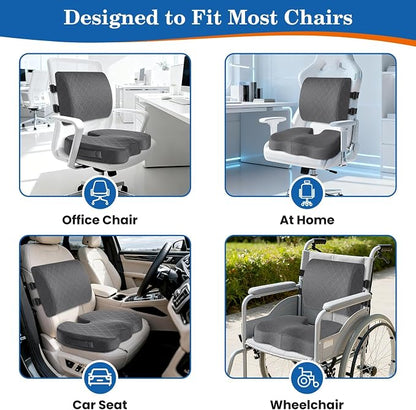 TushGuard Back&Seat Cushion, Car Seat Office Chair Cushions, Breathable Memory Foam Lumbar Back Support Pillow, Portable Airplane Seat Cushion for Travel, Computer Desk, Wheelchair, Driving (Grey)