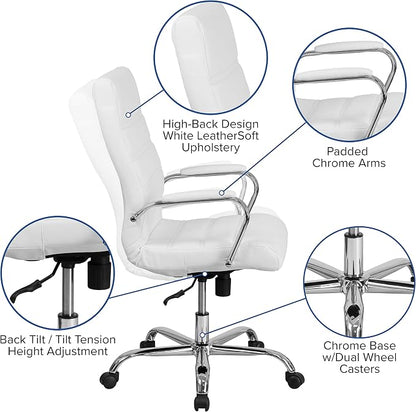 Merrick Lane Milano Contemporary High-Back Office Chair - White Leather Upholstery- Chrome Metal Frame