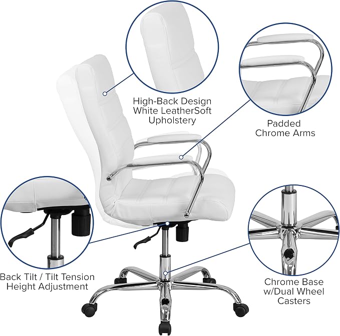 EMMA + OLIVER Faux Leather High-Back Swivel Home Office Desk Chair with Wheels, Padded Seat, and Armrests, Adjustable Height Multipurpose Office Chair, White/Chrome
