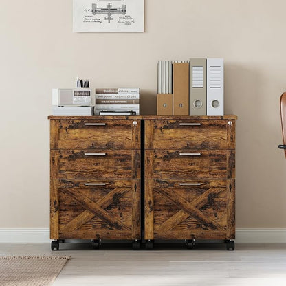 3-Drawer Rolling File Cabinet with Lock - Wooden Mobile Filing Cabinet for Home Office, Under Desk Storage Organizer fits Letter/A4/Legal Size, Sturdy Printer Stand with Locking Casters, Rustic Brown
