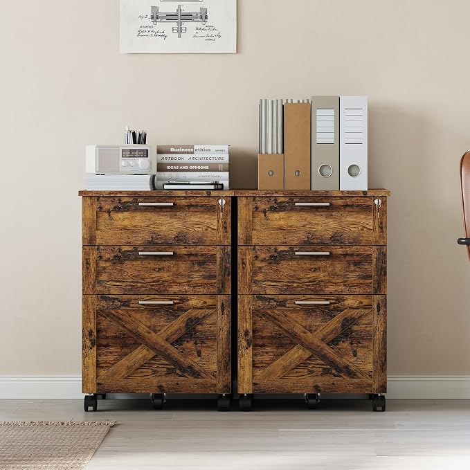 GAOMON 3 Drawer Mobile File Cabinet with Lock, Under Desk Wooden Filing Cabinets for Home Office Organizer Letters/Legal/A4, Rustic Brown