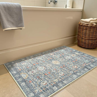 Goideal Washable Rug 2x3, Vintage Area Rugs Non Slip, Indoor Low Pile Carpet with Rubber Backing for Kitchen Bathroom Entryway Office Bedroom,Grey & Rust