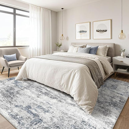 7x9 Area Rug Living Room: Washable Large Abstract Neutral Modern Soft Rugs Stain Resistant Indoor Floor Non-Slip Accent Carpet for Bedroom Nursery Playroom Office Dining Room Home Decor- Blue Gray