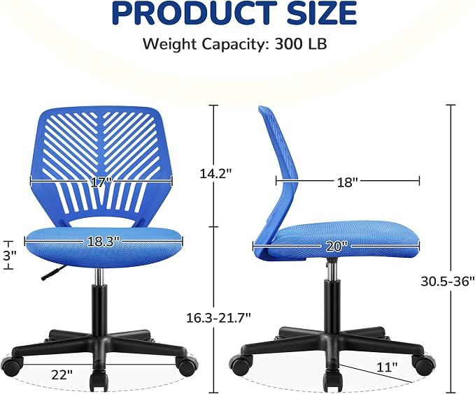 Topeakmart Armless Office Chair Mid Back Mesh Desk Chair Adjustable Height with Lumbar Support for Small Spaces, Blue