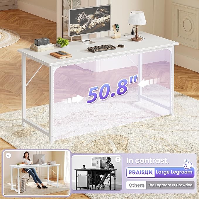 PRAISUN 55 X 20 Inch Office Computer Desk with Power Outlets and USB-C Port, Larger and Longer Gaming Desk, for Home Office, Study, Bedroom, Writing Work from Home Table, Metal Frame, White