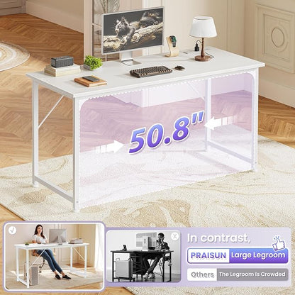 PRAISUN 55 X 20 Inch Office Computer Desk with Power Outlets and USB-C Port, Larger and Longer Gaming Desk, for Home Office, Study, Bedroom, Writing Work from Home Table, Metal Frame, White