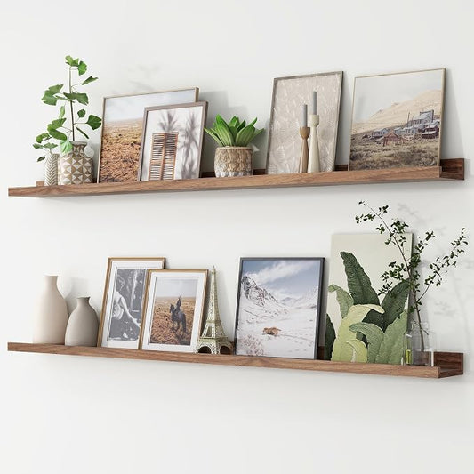 FLYJOE Picture Ledge Shelf, Floating Shelves Set of 2, 56 Inches Long Large Nursery Book Shelves for Toys Storage, Kids Bookshelf Wall Mounted for Living Room Bedroom Decor Books Photo Frames, Walnut