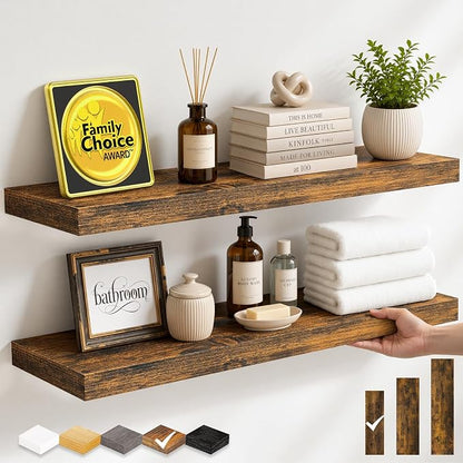 BAYKA Floating Shelves Set of 2, 22.5 inches Farmhouse Rustic Wood Wall Mounted Shelves for Bathroom, Bedroom, Living Room or Kitchen, Hanging Shelf Decor Book with 22lbs Capacity, Rustic Brown