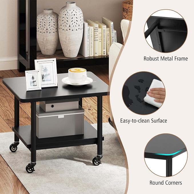 GOFLAME Under Desk Printer Stand, 2-Tier Mobile Printer Table with Storage Shelf, Metal Frame, Rolling Printer Cart Holder Storage Rack with Lockable Wheels for Home Office, Black