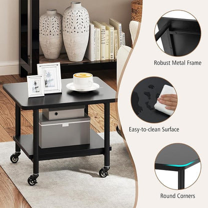 GOFLAME Under Desk Printer Stand, 2-Tier Mobile Printer Table with Storage Shelf, Metal Frame, Rolling Printer Cart Holder Storage Rack with Lockable Wheels for Home Office, Black