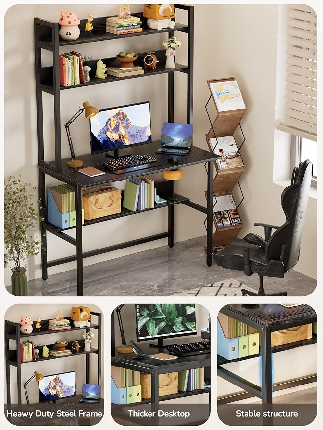 Aquzee Computer Desk with Hutch, 40“W x 19.6" D Desk with Shelves, Tall Home Office Desk with Bookshelf, Metal Legs Study Table with Upper Storage Shelf for Study Writing/Workstation, Black