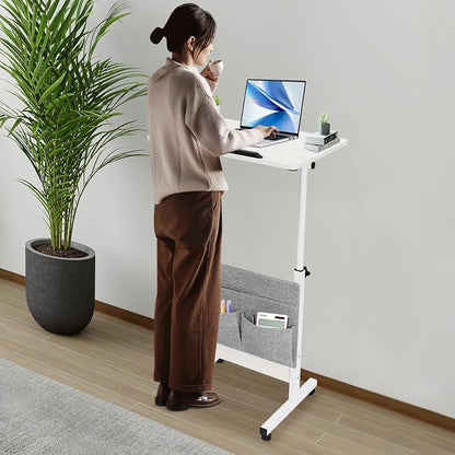 Small Mobile Standing Desk with Storage, 24" L×16" W Mobile Office Table, Rolling Laptop Table with 180° Flip, 32-47in Adjustable Height Desk for Small Spaces Home Offices