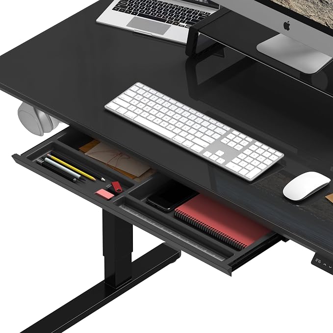 SHW 48x24 Glass Electric Height Adjustable Standing Desk – Motorized Sit Stand Desk with Monitor Riser, Pull-Out Drawer, Memory Presets, Black