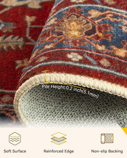 RELEANY Area Rugs Square 4ft Washable Non-Slip, Floral Vintage Distress Medallion Carpet for Living Room Bedroom Dining Room, Red Blue