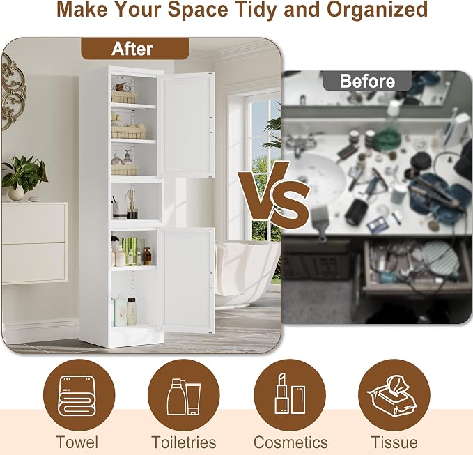 pozdeg 67" Tall Narrow Storage Cabinet Metal Bathroom Cabinet with 2 Doors & 4 Adjustable Shelves, Standing Pantry Cabinets Cupboard for Kitchen, Dining Room, Living Room and Bathroom (White)