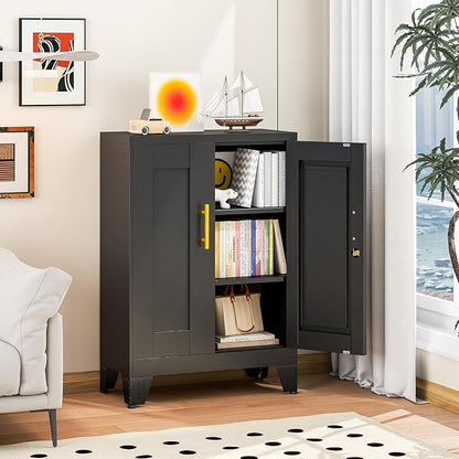 winiowa Tall Metal Storage Cabinet with Lock, Locking File Cabinet with 2 Doors and 2 Adjustable Shelves, Black Lockable Organizer for Home Office Garage（23.6" W）