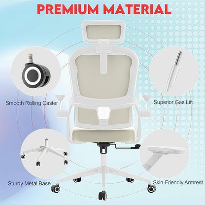 Ergonomic Office Chair - 400LB Comfy Desk Chairs with Adjustable Headrest and Lumbar Back Support, Mesh Computer Chairs with Wheels and Arms for Home Office, Study (218khaki-With Headrest)