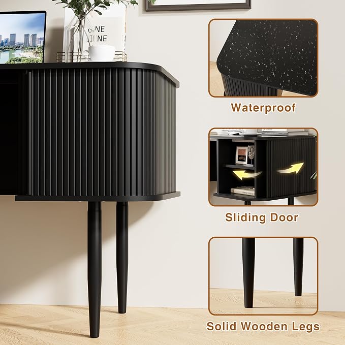 Furniway 55" Modern Writing Desk with Sliding Doors, Wood Home Office Desk with Storage, Computer Desk for Study, Living Room, Dorm, Black