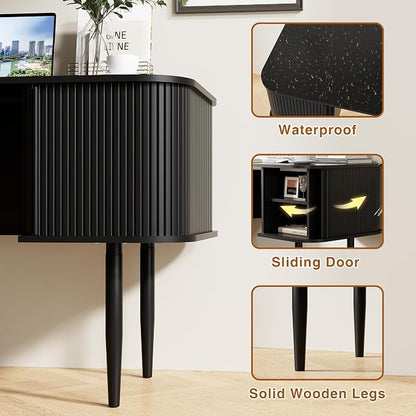 Furniway 55" Modern Writing Desk with Sliding Doors, Wood Home Office Desk with Storage, Computer Desk for Study, Living Room, Dorm, Black