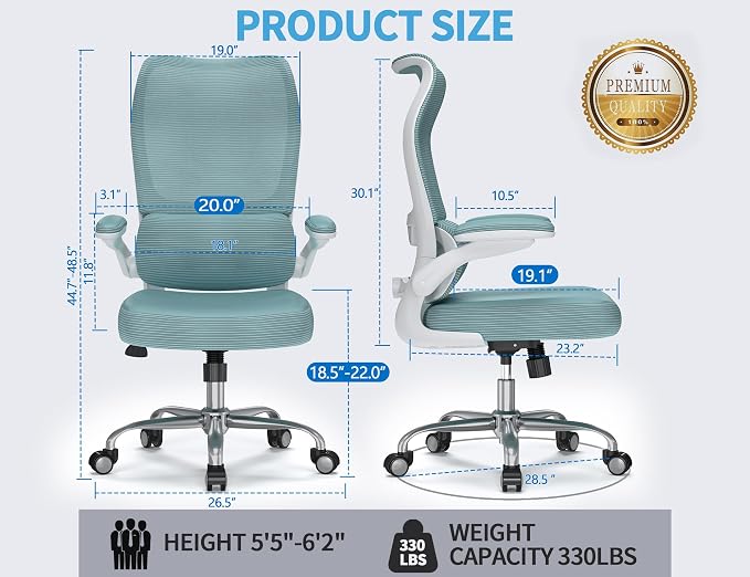 TRALT Ergonomic Office Chair - Desk Chair with Wave High Back Adjustable Lumbar Support Computer Chair - Gaming Chairs Mesh Backrest and PU Leather Seat (Sky Blue)
