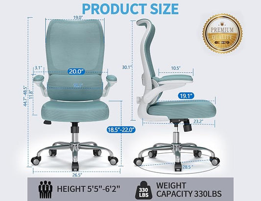 TRALT Ergonomic Office Chair - Desk Chair with Wave High Back Adjustable Lumbar Support Computer Chair - Gaming Chairs Mesh Backrest and PU Leather Seat (Sky Blue)