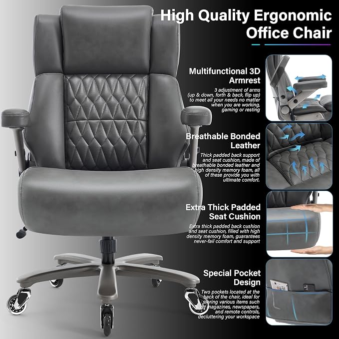 Big and Tall 700lbs Office Chair - Adjustable Lumbar Support 3D Flip Arms Heavy Duty Metal Base&Wheels, High Back Large Executive Computer Desk Chair, Thick Padded Ergonomic Design for Back Pain