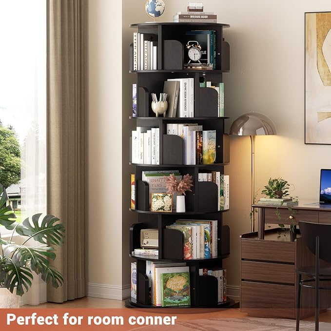 Besiost Rotating Bookshelf Tower, 6 Tier Spinning Bookcase, Revolving 360 Book Shelf Narrow Tall Bookcase, Vertical Turning Round Bookshelf Organizer, Wood Corner Bookshelf for Small Space, Black