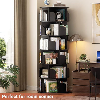 Besiost Rotating Bookshelf Tower, 6 Tier Spinning Bookcase, Revolving 360 Book Shelf Narrow Tall Bookcase, Vertical Turning Round Bookshelf Organizer, Wood Corner Bookshelf for Small Space, Black