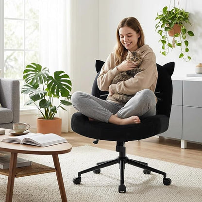 IWMH Armless Office Desk Chair with Wheels,Ergonomic Criss Cross Legged Computer Chair with Fabric Padded, Height Adjustable Wide Seat Vanity Chairs,Mid Back Task Chair for Home, Bedroom (Black)