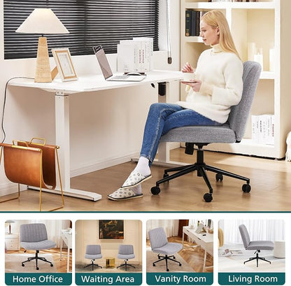 OLIXIS Criss Cross Chair with Wheels Wide Cross Legged Office Desk Vanity Chair Comfy Fabric Armless Height Adjustable Swivel for Home Computer Task Gray