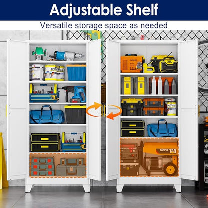 erosoei 75" H Metal Garage Storage Cabinet, Metal Pantry Cabinet with 2 Doors, Locker Steel Cabinet with 5 Adjustable Shelves, Freestanding Cupboard for Garage,Office,Home,Gym,School