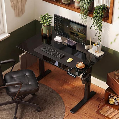 INNOVAR Glass Standing Desk with Drawers, 35×20 Inch Adjustable Stand Up Desk, Quick Install Home Office Computer Desk, Black