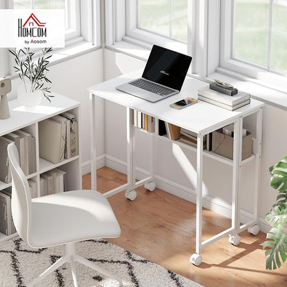 HOMCOM Small Folding Desk, Rolling Computer Desk Foldable with Storage Bag and Shelf, 31.5" Portable Writing Table on Wheels for Small Spaces, Home Office, Study, Easy Assembly, White