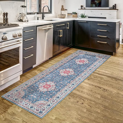 Goideal Washable Runner Rug 2x6, Vintage Rugs Non Slip, Indoor Low Pile Carpet with Rubber Backing for Kitchen Bathroom Entryway Office Bedroom,Blue & Hot Pink