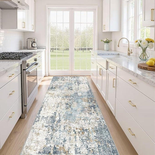Runner Rug Non Slip Rugs: 3x10 Hallway Kitchen Washable Abstract Soft Modern Stain Resistant Indoor Floor Neutral Accent Throw Carpet for Bathroom Laundry Room Entryway Bedroom- Blue