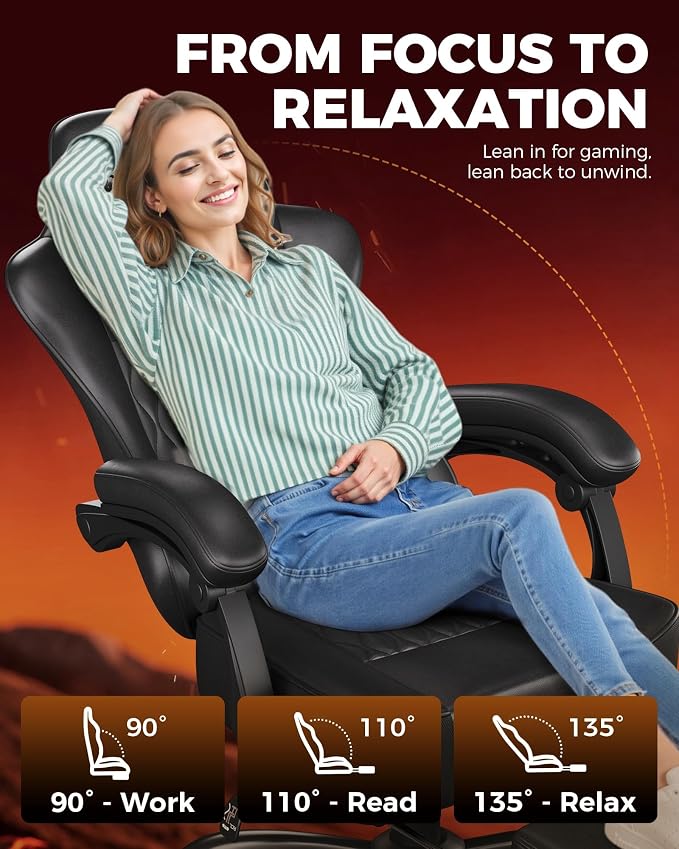 GTPLAYER Big and Tall Gaming Chair with Footrest, Ergonomic Office Desk Chair with 4.4in Thick Cushion and Wide Wingless Seat, Comfortable Leather Computer Chair, Predator Series, Black with Trim
