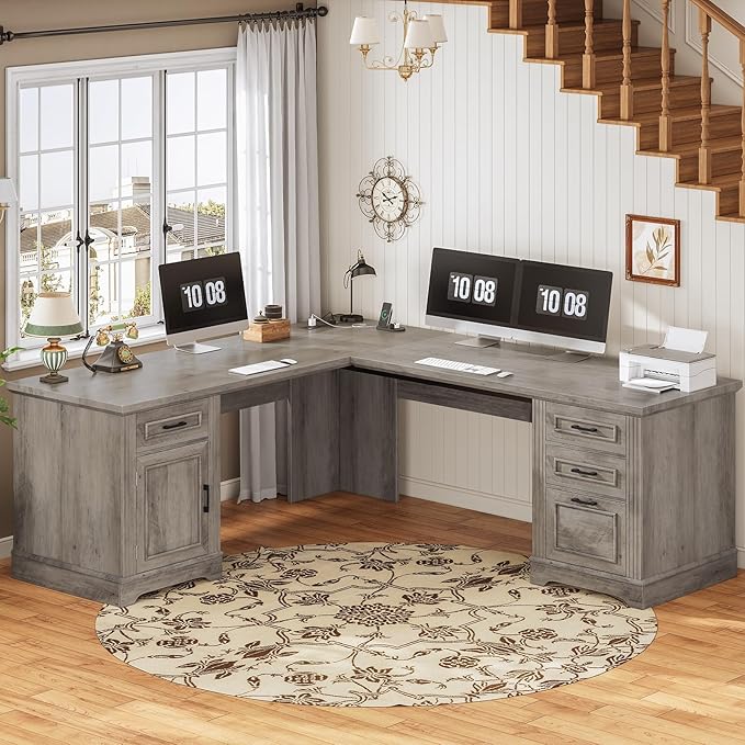 SEDETA 69" L Shaped Desk with Drawers and Storage, Farmhouse Computer Desk with File Drawers and Power Outlet, Corner Executive Desk with Storage Cabinet for Home Office, Grey