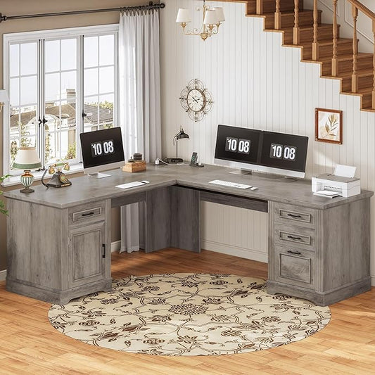SEDETA 69" L Shaped Desk with Drawers and Storage, Farmhouse Computer Desk with File Drawers and Power Outlet, Corner Executive Desk with Storage Cabinet for Home Office, Grey